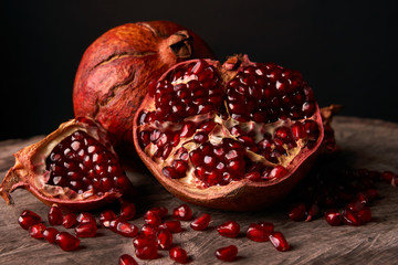 Ripe pomegranate fruit and pomegranate seeds