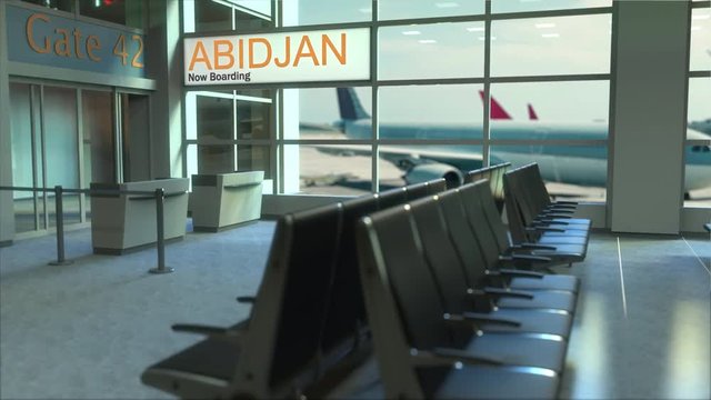 Abidjan flight boarding now in the airport terminal. Travelling to Ivory Coast conceptual intro animation, 3D rendering