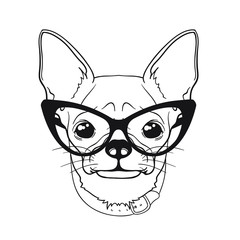 Vector dog in stylish glasses. Line art. Isolated on white background.