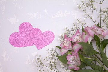 beautiful flowers pink color for Valentine's day with love and hearts romance love