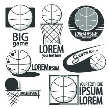 Vector set of logotype for basketball game. Isolated on white background. Black and white version.