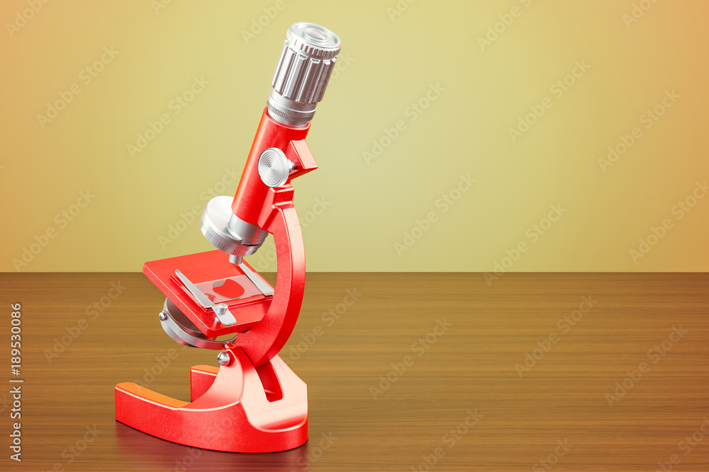 Poster microscope on the wooden table. 3d rendering