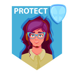 Support manager, assistant, woman, call center, vector illustration isolated on white background, protect center