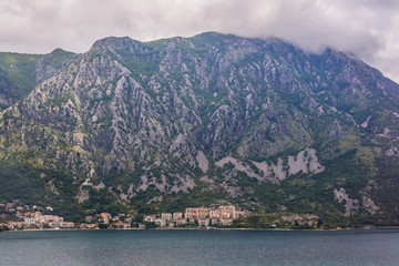 Distance view of Risan, small town on the Kotor Bay in Montenegro