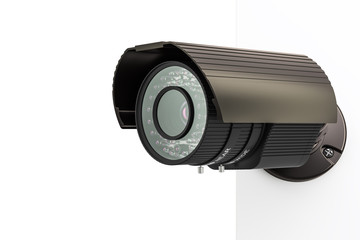 Security surveillance camera on corner of the wall, 3D rendering