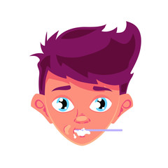 Cute young boy brushing teeth, vector illustration isolated on white background