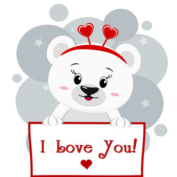 Polar bear with a red rim of hearts holding a plate in the paws, in the style of cartoons.