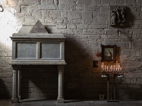 Ancient White Marble Sarcophagus inside Italian Church, in Berceto, Parma, Italy