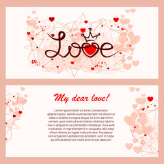 Greeting card with handwritten text Love. Heart and Fashionable polygonal abstract mesh on luxury pink background. For engagement, wedding, Valentine Day. Horizontal design.