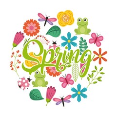 spring calligraphic text with flower animals decoration symbol vector illustration