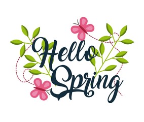hello spring floral branches butterflies decoration vector illustration