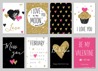 Valentine's day greeting card set with hearts. Gold, black, pink, white colors. Gift tags with gold glitter texture. Hand drawn hearts. Design for valentine and wedding. Miss you. Be mine. Cupcake.