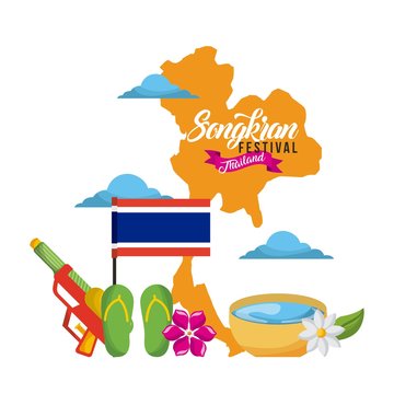 songkran festival thailand map landmark flag sandals water gun vector illustration