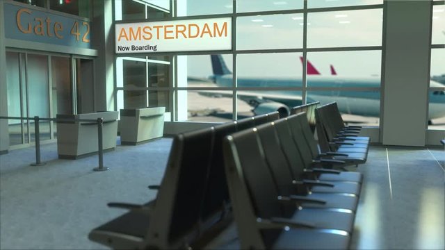 Amsterdam flight boarding now in the airport terminal. Travelling to Netherlands conceptual intro animation, 3D rendering