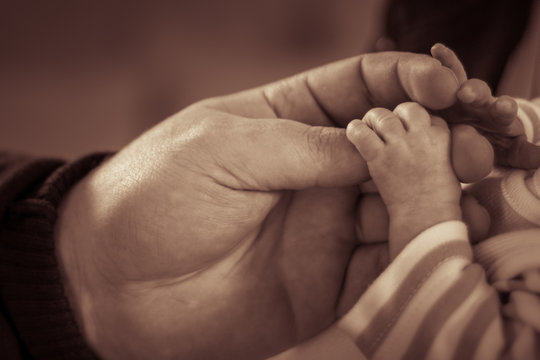 Babyhand und Männerhand - Finger greifen (sepia)