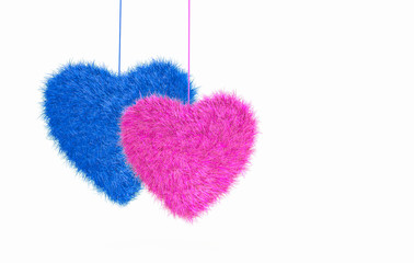Fur hearts in pink and blue color hanging on rope isolated on white background. Valentines Day Concept. Space for text and design. 3D illustration