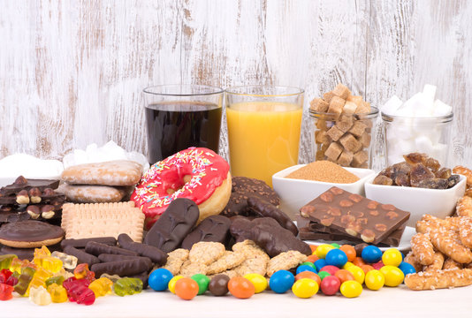 Food containing too much sugar. Sugar in diet causes obesity, diabetes and other health problems