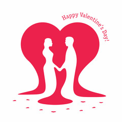 Silhouettes of loving couple on background of big red heart