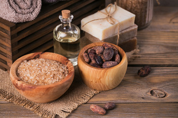 Natural cosmetic oil, sea salt and natural handmade soap with co