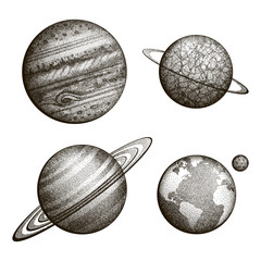 Collection of planets in solar system. Engraving style. Vintage elegant science set. Sacred geometry, magic, esoteric philosophies, tattoo, art. Isolated hand-drawn vector illustration © Sushchina Marya