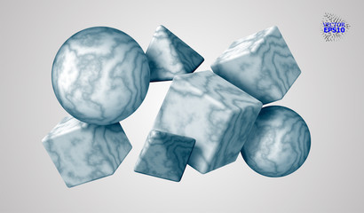 3D decorative figures of a cube, triangle and sphere with a marble texture. Marble stone. Abstract vector illustration.