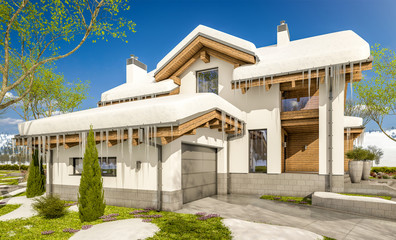 3d rendering of spring modern cozy house in chalet style