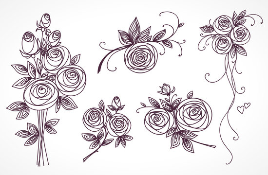 Roses set. Collection of roses bouquets. Stylized flower hand drawing.