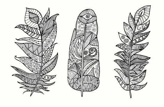 Hand drawn feather set with doodle, zentangle, floral, vintage elements.