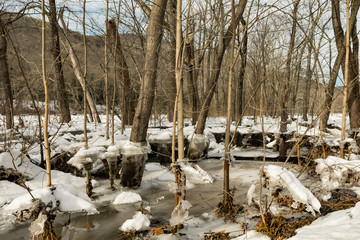 Fototapeta na wymiar Flood Damage from an Ice Jam on the Housatonic River in Kent Connecticut.