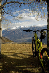 Fototapeta na wymiar ebike, e-bike, electric mtb, pedelec, high mountain, leaning against tree, detail of handlebars, wheels, saddle, display, alps landscape, snow covered tops, winter, Antrona Valley, Piedmont, Italy