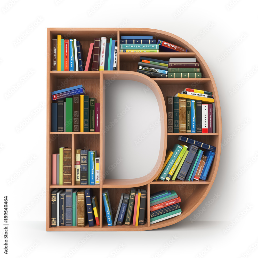 Poster letter d. alphabet in the form of shelves with books isolated on white.