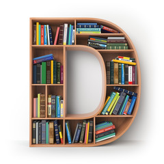 Letter D. Alphabet in the form of shelves with books isolated on white.