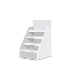 White Long Blank Empty Showcase Displays With Retail Shelves. 3D Products On White Background Isolated. Ready For Your Design Avy Scott