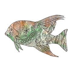 Hand drawn fish with doodle, zentangle, floral, vintage elements and watercolor background.