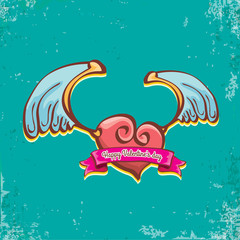 vector valentines day vintage cartoon tattoo style red heart label with angel wings and cartoon vintage pink ribbon on turquoise grunge background. Valentines day greeting card