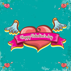vector valentines day vintage cartoon tattoo style red heart label with angel wings and cartoon vintage pink ribbon on turquoise grunge background. Valentines day greeting card