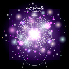 artificial intelligence poster with human head silhouette with brain in transparency over black background with sparkles in purple vector illustration