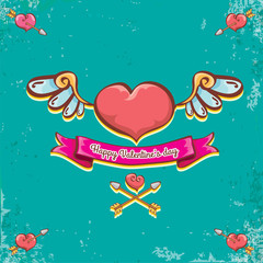 vector valentines day vintage cartoon tattoo style red heart label with angel wings and cartoon vintage pink ribbon on turquoise grunge background. Valentines day greeting card