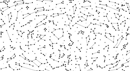 Raster illustration. Seamless pattern for decoration, design. Astronomy different constellations on a white background. Zodiac sign of the bright stars with glowing lines and points