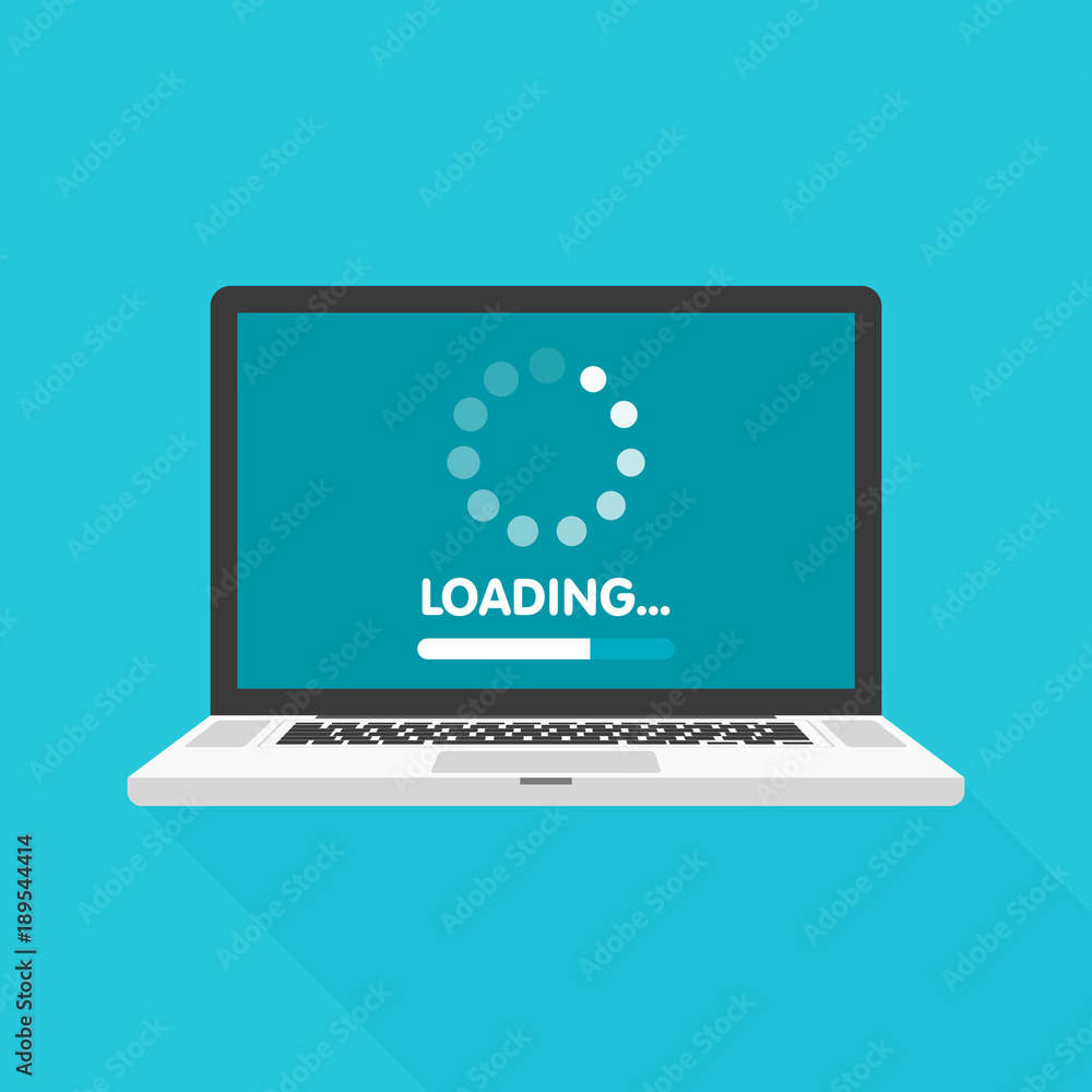 Poster system software update and upgrade concept. loading process in laptop screen. vector illustration