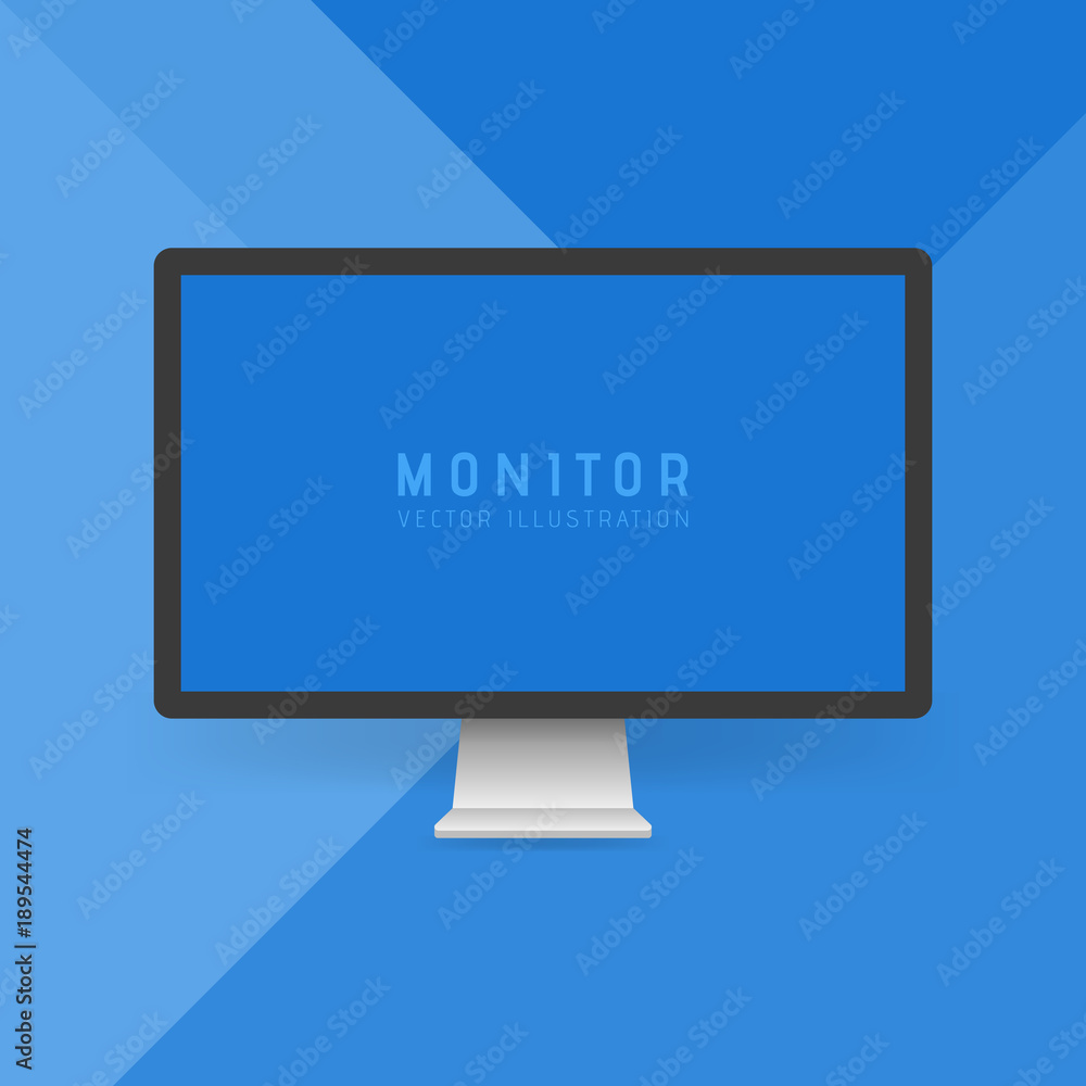 Poster modern flat screen computer monitor. digital display isolated on blue material design background. ve