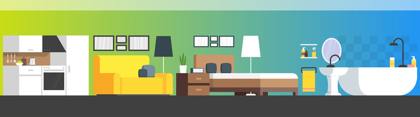Furniture and home accessories banner with vector flat sofa, bookshelf, bed, bathroom, kitchen
