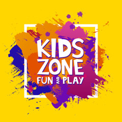 Kids zone colorful banner. Cartoon letters and splashes in Grunge abstract paint brush colorful background. Vector illustration © vectorplus