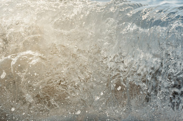 Big wave on the sea  with a lot of foam. fake color. Copy space. Concept of travel. Instagram warm filter.