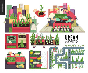 Urban farming, gardening or agriculture set. Planting, harvest, wooden seedbeds, planting on rails, vertical farming and hydroponics