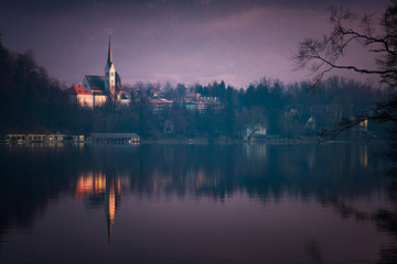 Fototapeta na wymiar The Church of St Martin pre-dawn, Lake Bled, Slovenia