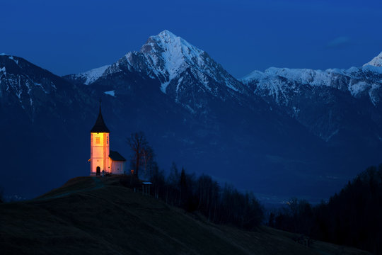 The Church of St Primoz at night, Jamnik, Slovenia