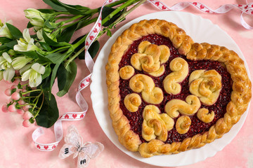 Festive cake for Valentine's Day in form of heart