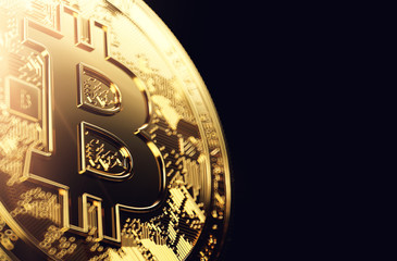 Golden Bitcoin in close-up shot on black background with copy space on the right. 3D rendering