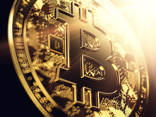 Bitcoin in blurry close-up with bright star burst flare. 3D rendering